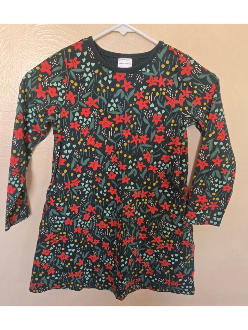 Hannah Andersson Green Floral Long Sleeve Cotton Dress Holiday School Size 6/7